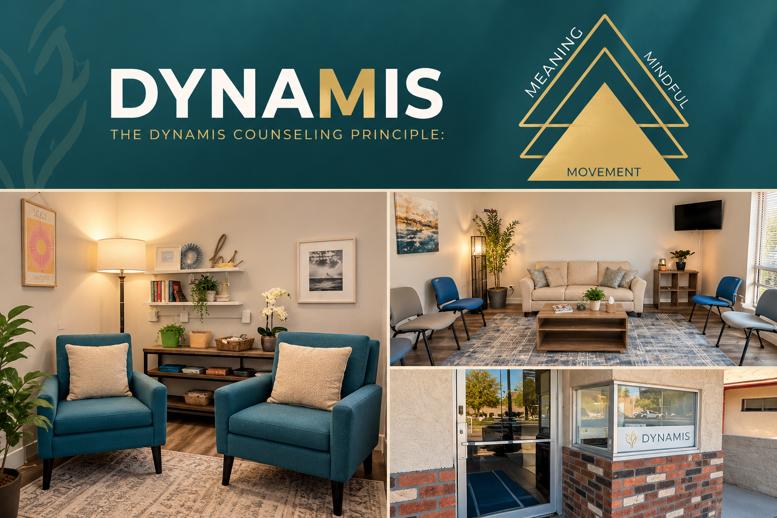 Dynamis Counseling in Mesa, Arizona, featuring welcoming therapy spaces and our guiding philosophy of meaning, mindfulness, and movement.