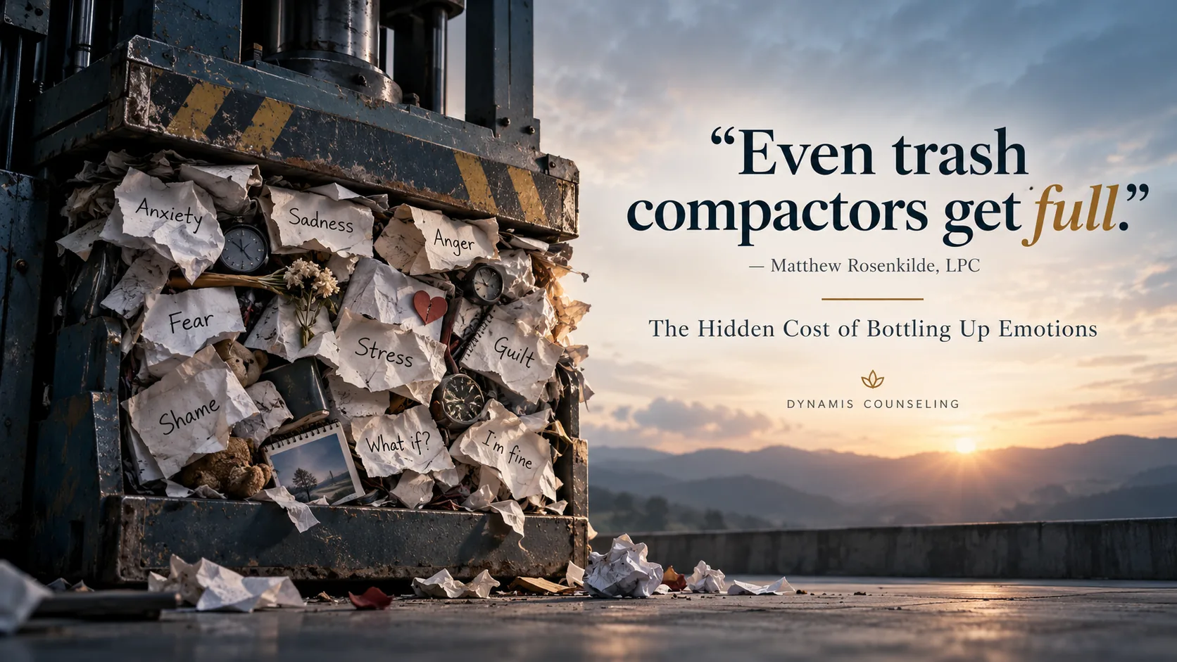 Overflowing trash compactor symbolizing bottled-up emotions, stress, grief, and anxiety.